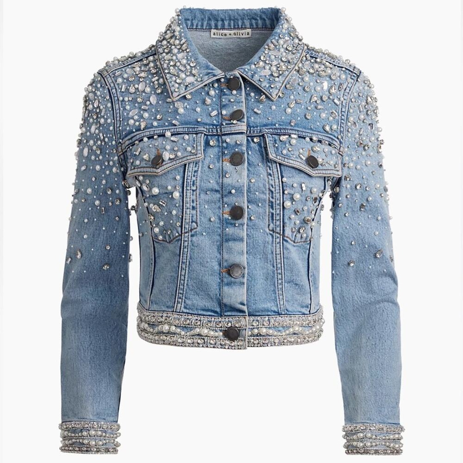 Alice + Olivia Nelson Embellished Beaded Cropped Fitted Denim Jean Jacket Sm New